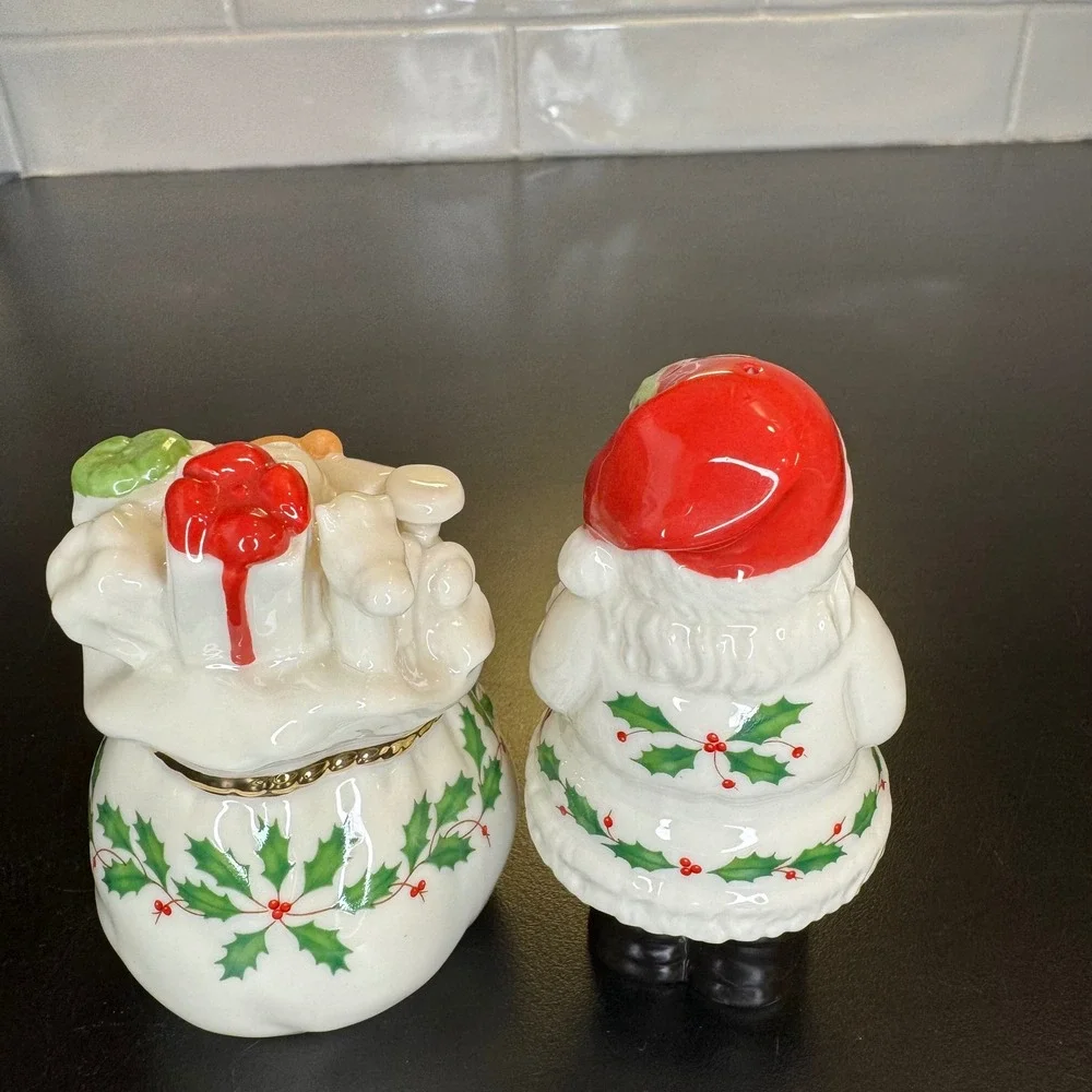 Lenox Salt and Pepper Shakers Holiday Santa Toy Sack White Red Gold Trim